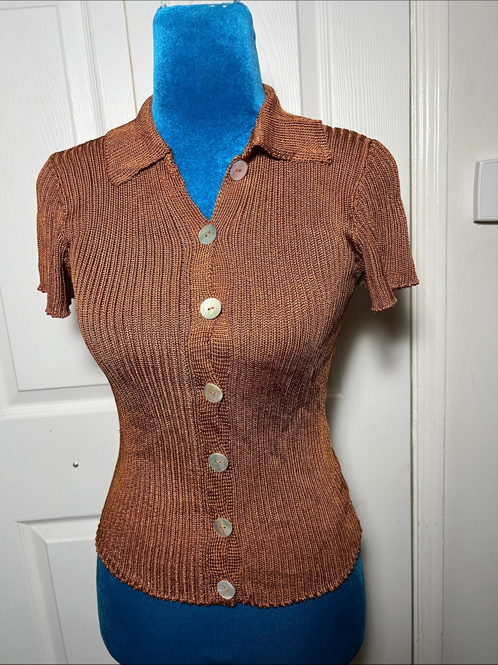 Calle Del Mar Ribbed Knit Button-Front Top Short Sleeve Brown Women’s S 90’s